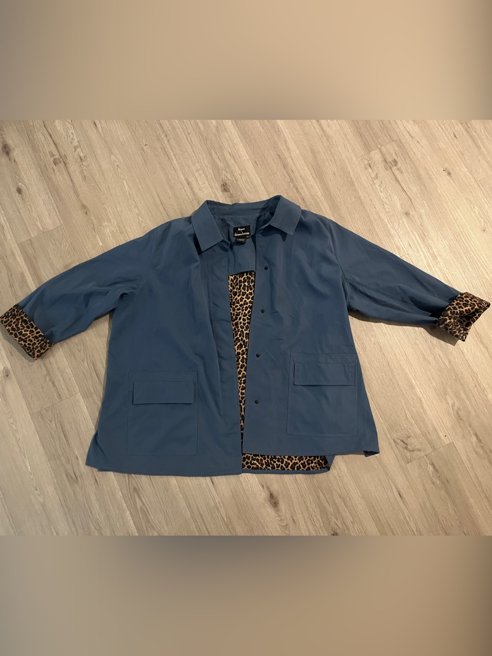 dennis basso Blue Trench Coat with Leopard Trim